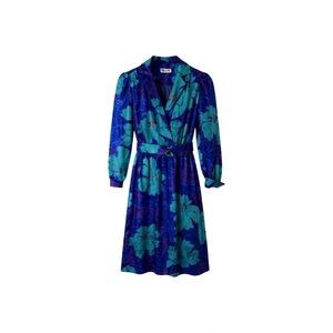 Vintage‎ Floral Jacquard Belted Midi Dress Blue Teal Purple Women’s Small Retro